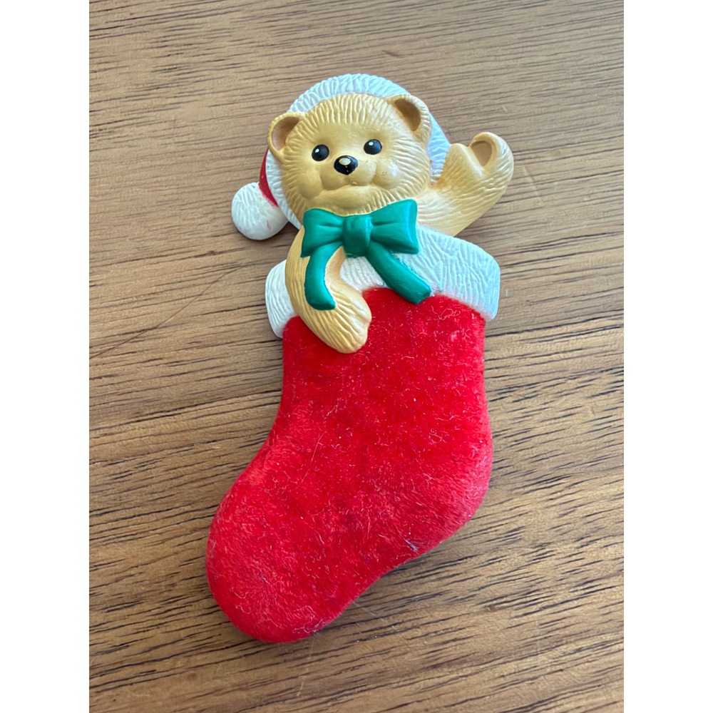 Christmas Pin Vintage Hallmark Teddy Bear Red Flocked Stocking Brooch